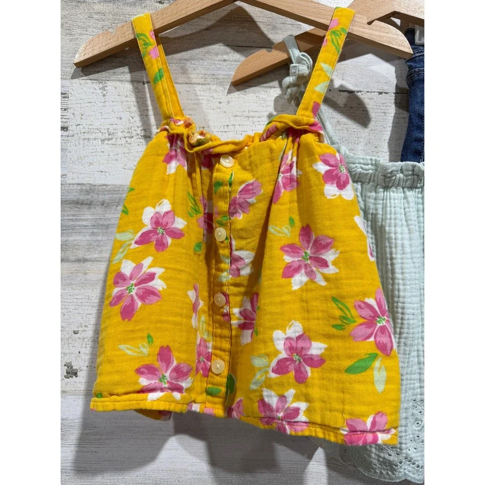 Old Navy Modern Moments Outfit Set Girls 5T Green Yellow Floral Denim Boho EUC